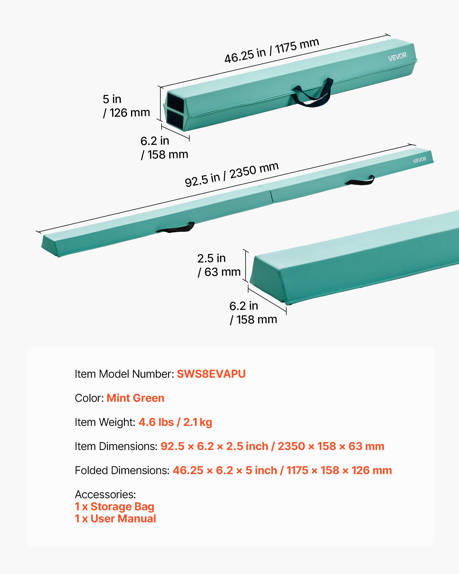 VEVOR 8FT Folding Balance Beam for Kids, 90.7 KG Stable Support Gymnastics Floor Beam with Non-Slip Mats, Gymnastics Training Equipment with Anti-Slip Bottom and Carrying Bag for Home Gym, Mint Green