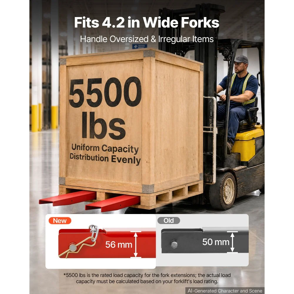 VEVOR Forklift Extensions 2130 x 115 mm, 2494.8 kg Capacity & Bottom Lock, for Forklifts and Forklift Trucks, Heavy-Duty Industrial Steel Pallet Fork Attachments, Extended Load Handling, Red, 1 Pair