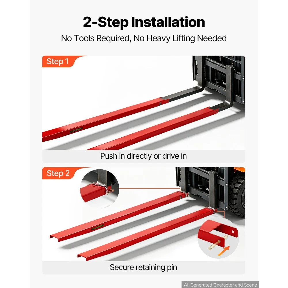 VEVOR Forklift Extensions 2130 x 115 mm, 2494.8 kg Capacity & Bottom Lock, for Forklifts and Forklift Trucks, Heavy-Duty Industrial Steel Pallet Fork Attachments, Extended Load Handling, Red, 1 Pair