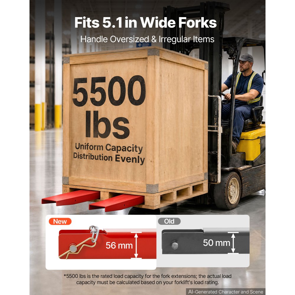 VEVOR Forklift Extensions 2130 x 140 mm, 2494.8 kg Capacity & Bottom Lock, for Forklifts and Forklift Trucks, Heavy-Duty Industrial Steel Pallet Fork Attachments, Extended Load Handling, Red, 1 Pair
