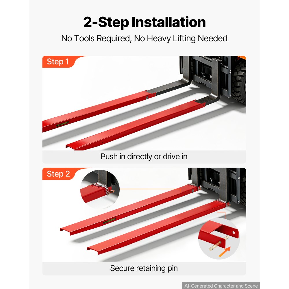VEVOR Forklift Extensions 2130 x 140 mm, 2494.8 kg Capacity & Bottom Lock, for Forklifts and Forklift Trucks, Heavy-Duty Industrial Steel Pallet Fork Attachments, Extended Load Handling, Red, 1 Pair