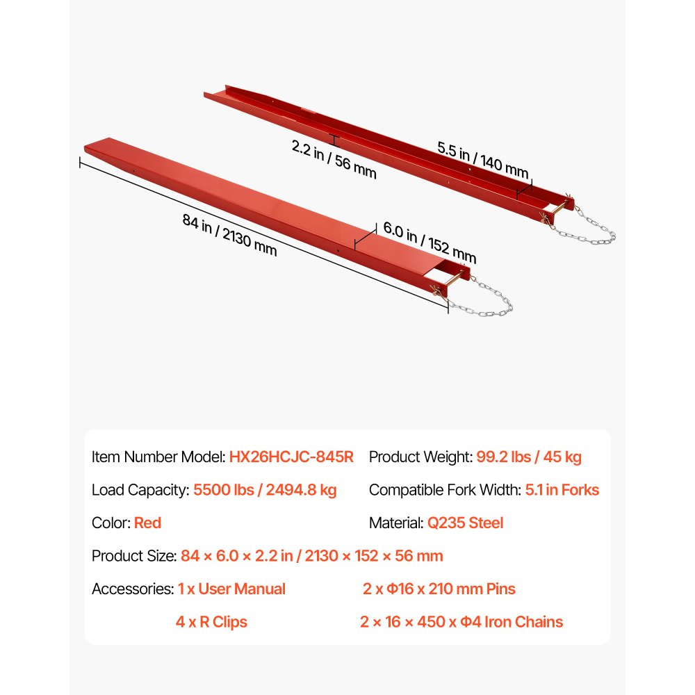 VEVOR Forklift Extensions 2130 x 140 mm, 2494.8 kg Capacity & Bottom Lock, for Forklifts and Forklift Trucks, Heavy-Duty Industrial Steel Pallet Fork Attachments, Extended Load Handling, Red, 1 Pair