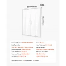 VEVOR Semi-frameless Shower Door, 57.8-59 W x 70 H in, Double Sliding Glass Door with 1/4 in(6mm) Clear Tempered Glass, Waterproof Shatterproof NANO Stainproof with Stainless Steel Hardware, Chrome