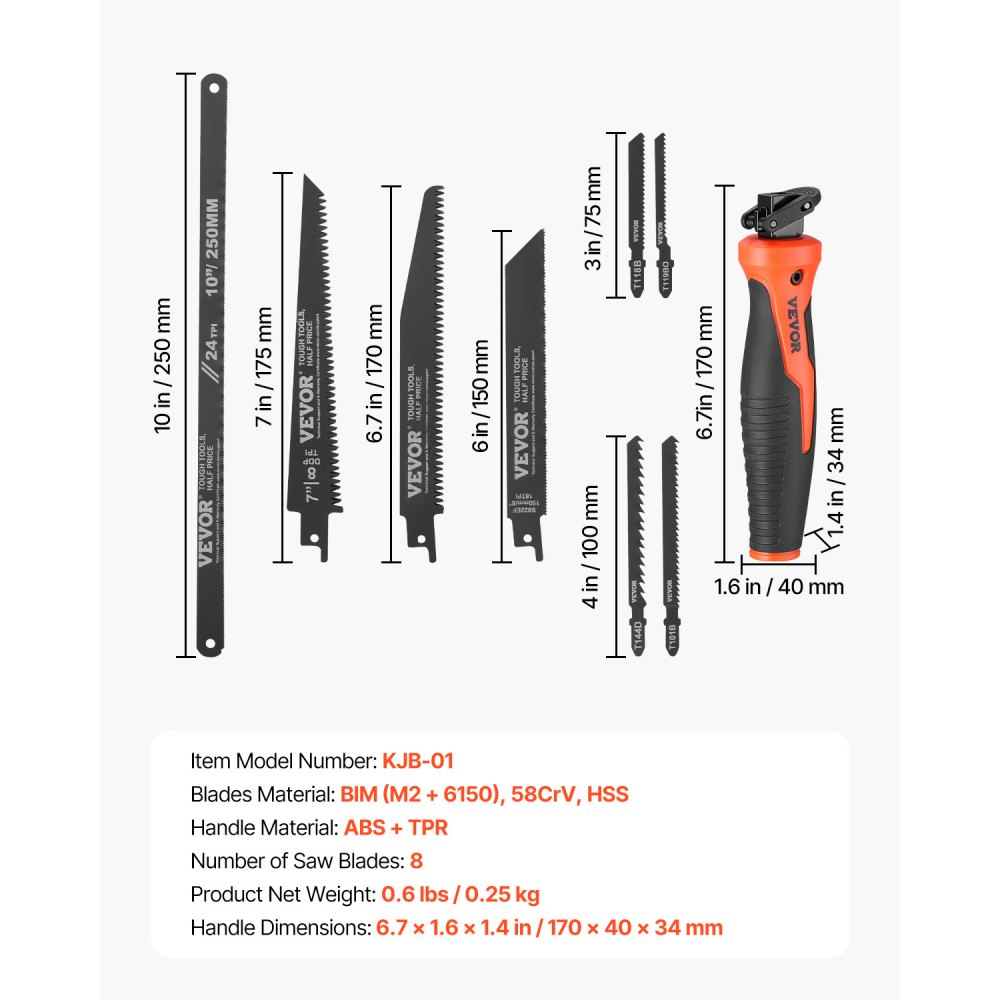 VEVOR Jab Saw, 6 in Keyhole Saw with Soft Grip Handle, 8-In-1 Multi-Blades Drywall Jab Saw, Sharp Jab Saw with Triple Ground Teeth, for Cutting Drywall Wood Metel Plastic Plywood Wallboard Thin Sheet