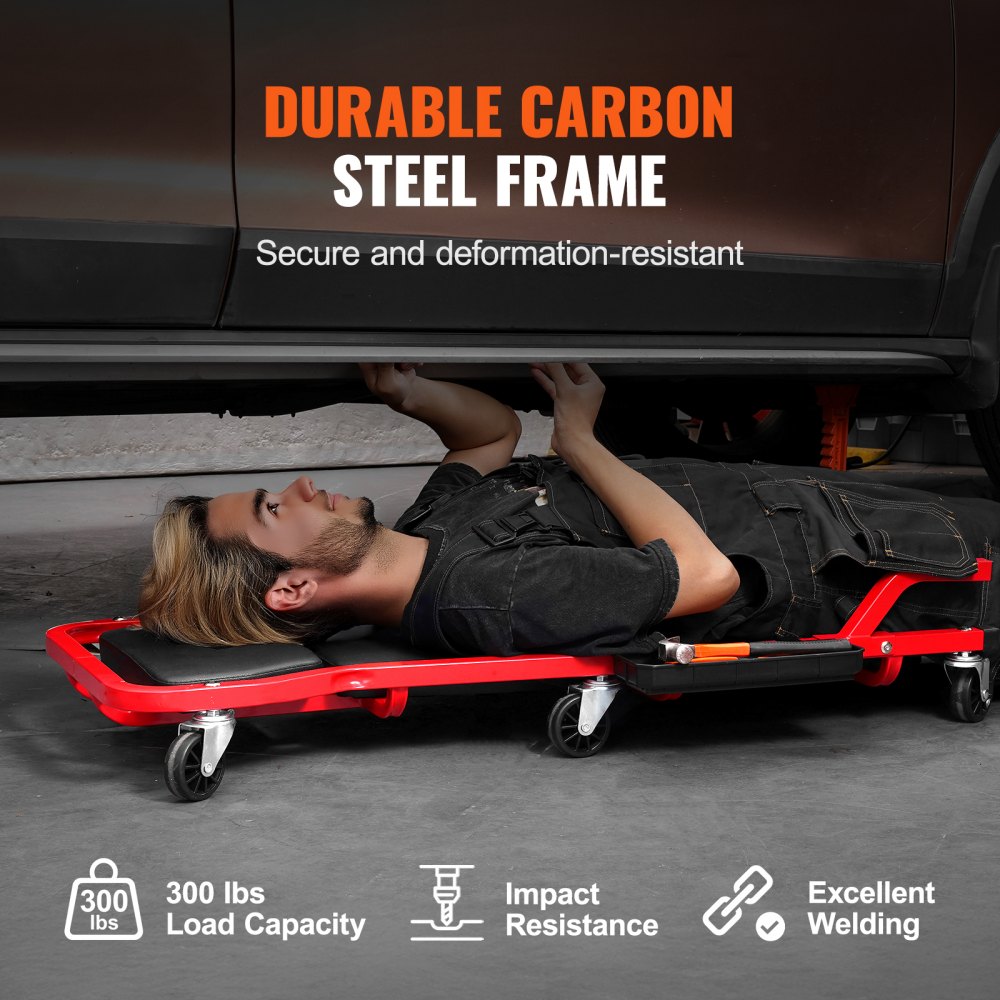 VEVOR Mechanic Garage Creeper, 1118 mm, 136.1 kg Capacity Automotive Rolling Creeper with 6 Casters Adjustable Cushioned Headrest Tool Tray, Heavy Duty Steel Frame for Garages, Repair Shops, and DIY