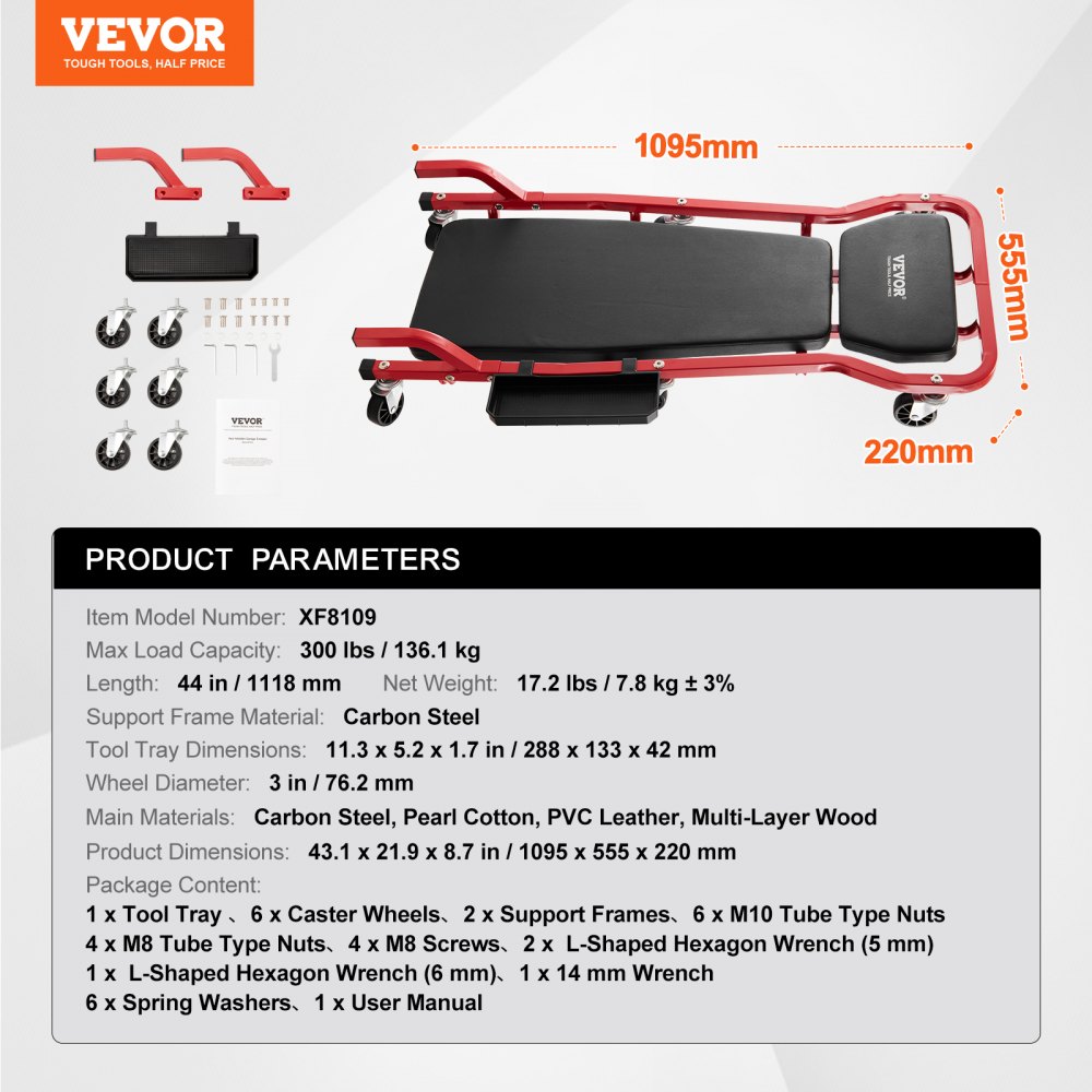 VEVOR Mechanic Garage Creeper, 1118 mm, 136.1 kg Capacity Automotive Rolling Creeper with 6 Casters Adjustable Cushioned Headrest Tool Tray, Heavy Duty Steel Frame for Garages, Repair Shops, and DIY