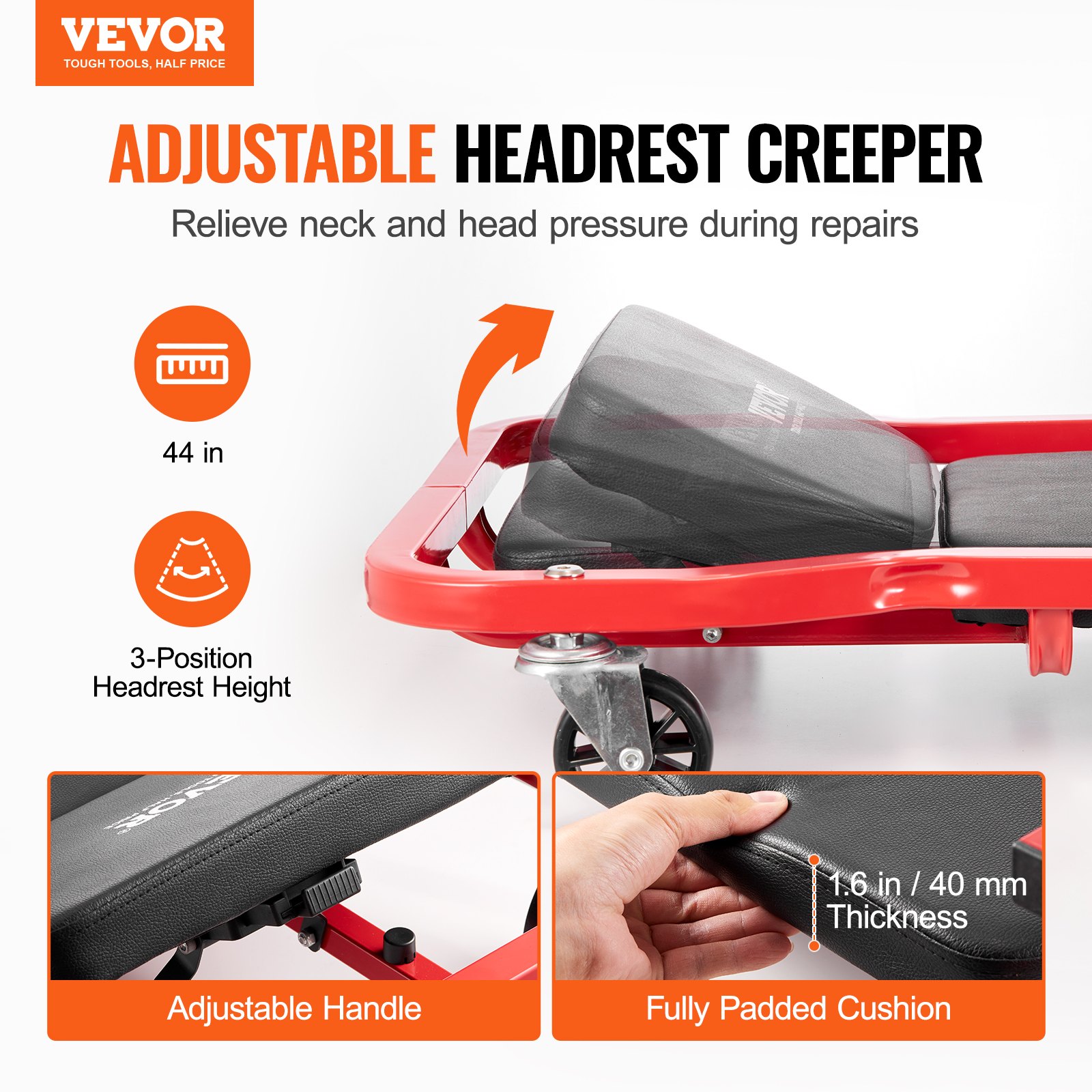 VEVOR Mechanic Garage Creeper, 1118 mm, 136.1 kg Capacity Automotive Rolling Creeper with 6 Casters Adjustable Cushioned Headrest Tool Tray, Heavy Duty Steel Frame for Garages, Repair Shops, and DIY