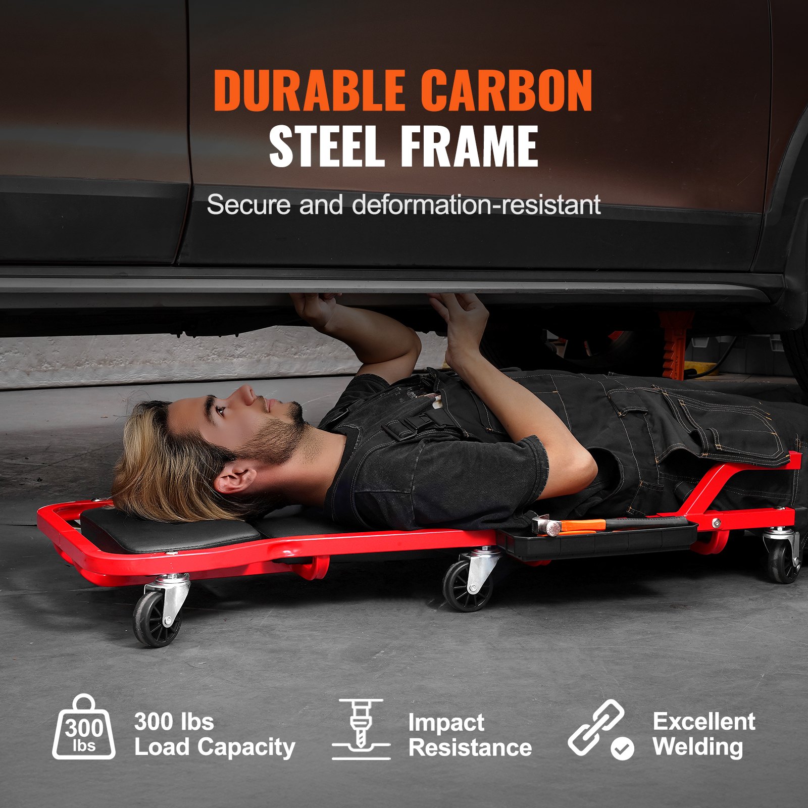 VEVOR Mechanic Garage Creeper, 1118 mm, 136.1 kg Capacity Automotive Rolling Creeper with 6 Casters Adjustable Cushioned Headrest Tool Tray, Heavy Duty Steel Frame for Garages, Repair Shops, and DIY