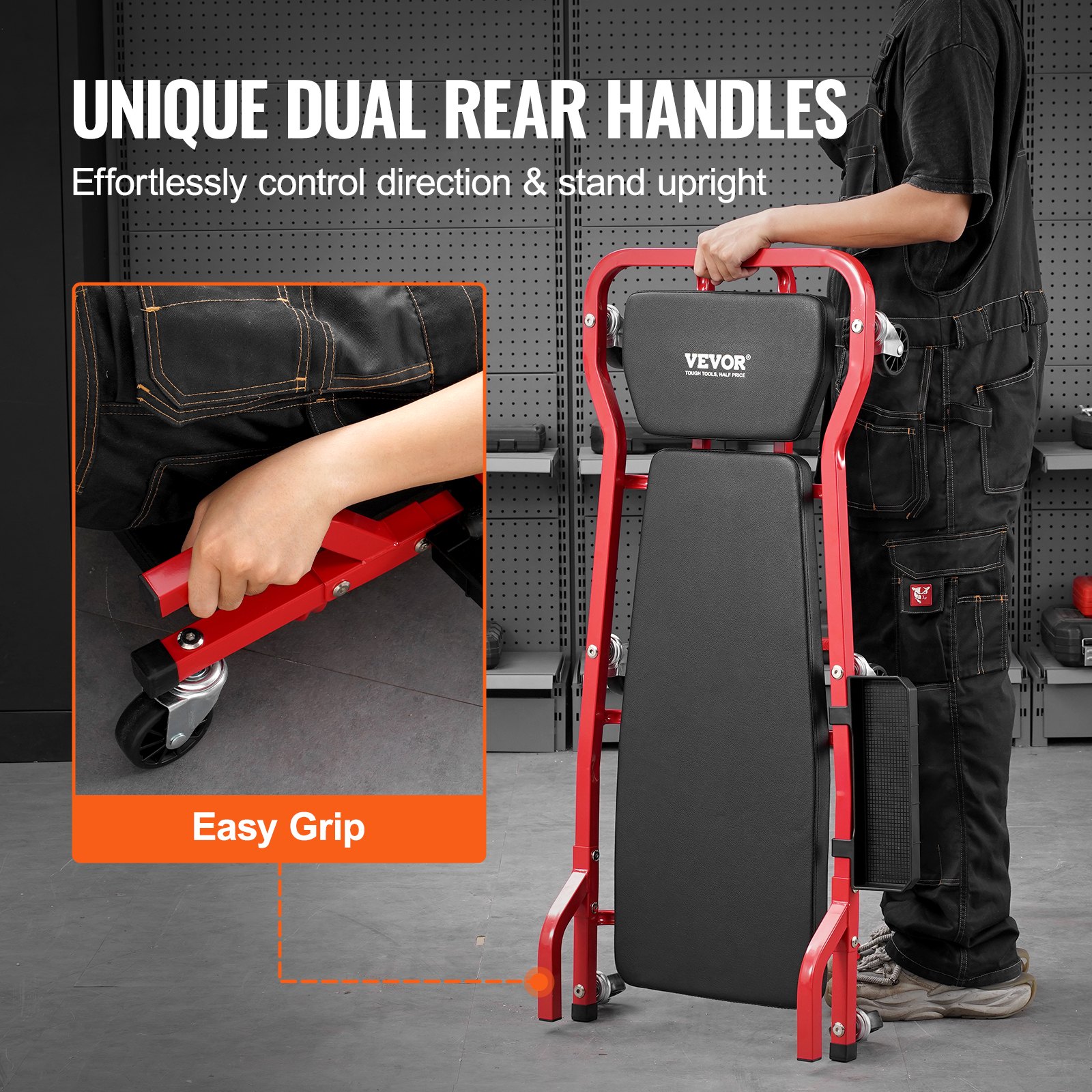 VEVOR Mechanic Garage Creeper, 1118 mm, 136.1 kg Capacity Automotive Rolling Creeper with 6 Casters Adjustable Cushioned Headrest Tool Tray, Heavy Duty Steel Frame for Garages, Repair Shops, and DIY