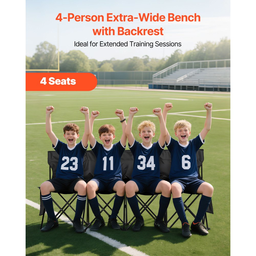 VEVOR Portable Folding Bench, 4 Seat Foldable Soccer Bench with Side Pockets and Carrying Bag, Lightweight Sideline Seating with Back Rest for Football, Baseball, Camping, Outdoor Events, Black