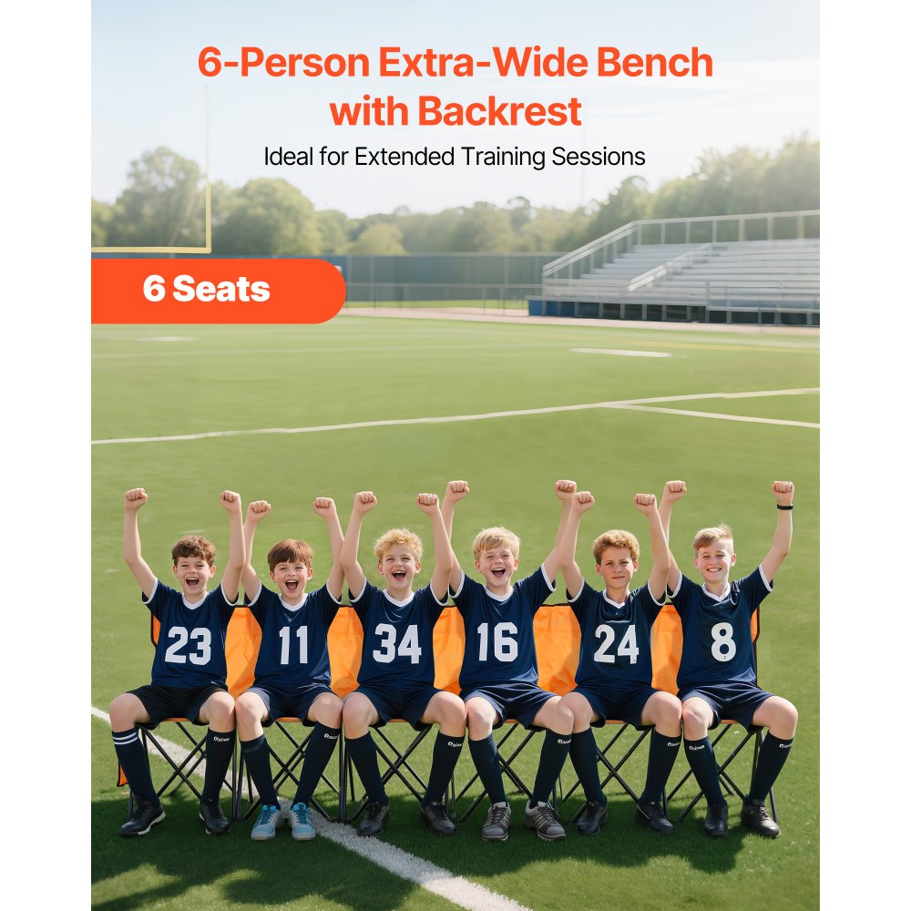 VEVOR Portable Folding Bench, 6 Seat Foldable Soccer Bench with Side Pockets and Carrying Bag, Lightweight Sideline Seating with Back Rest for Football, Baseball, Camping, Outdoor Events, Orange