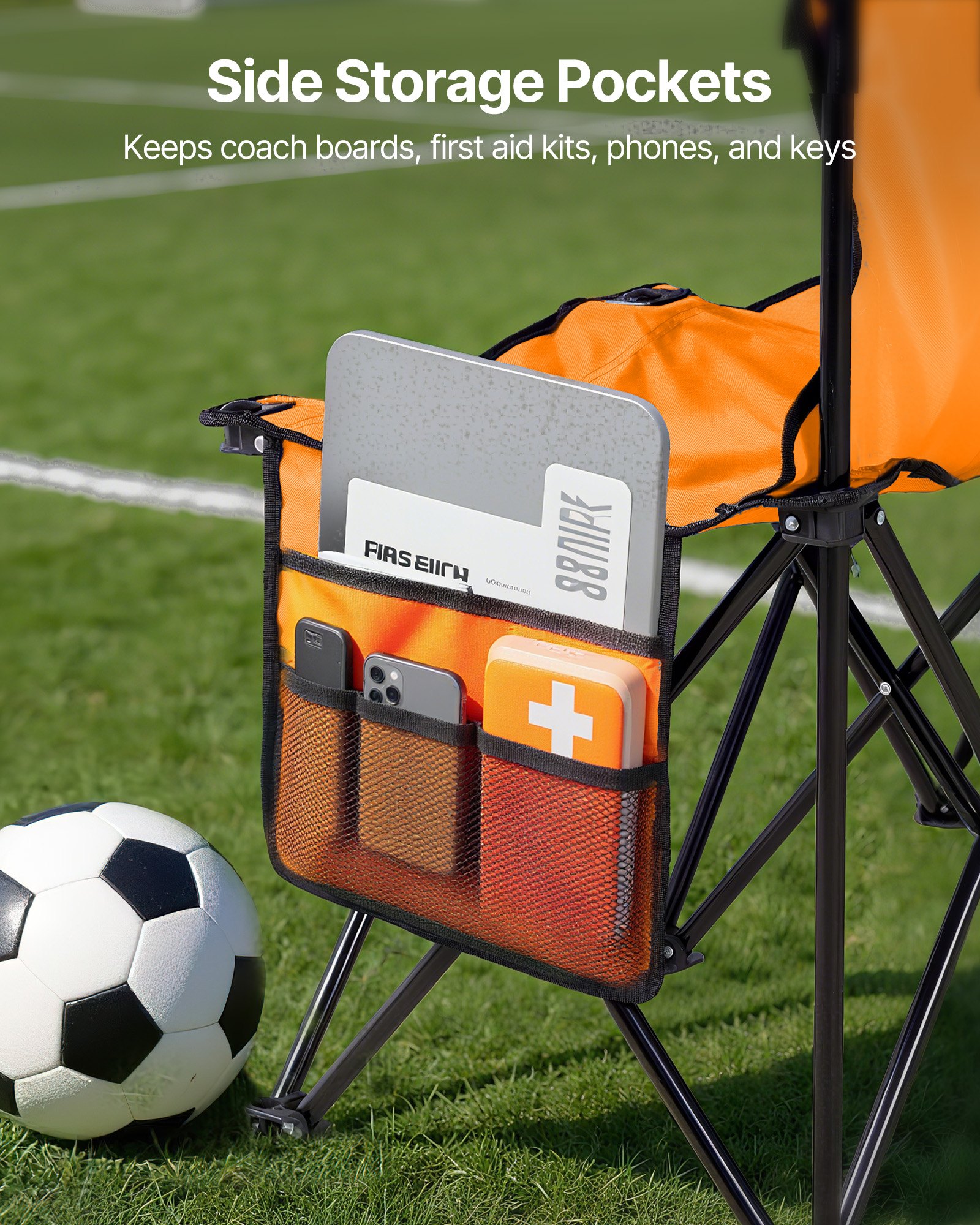 VEVOR Portable Folding Bench, 6 Seat Foldable Soccer Bench with Side Pockets and Carrying Bag, Lightweight Sideline Seating with Back Rest for Football, Baseball, Camping, Outdoor Events, Orange