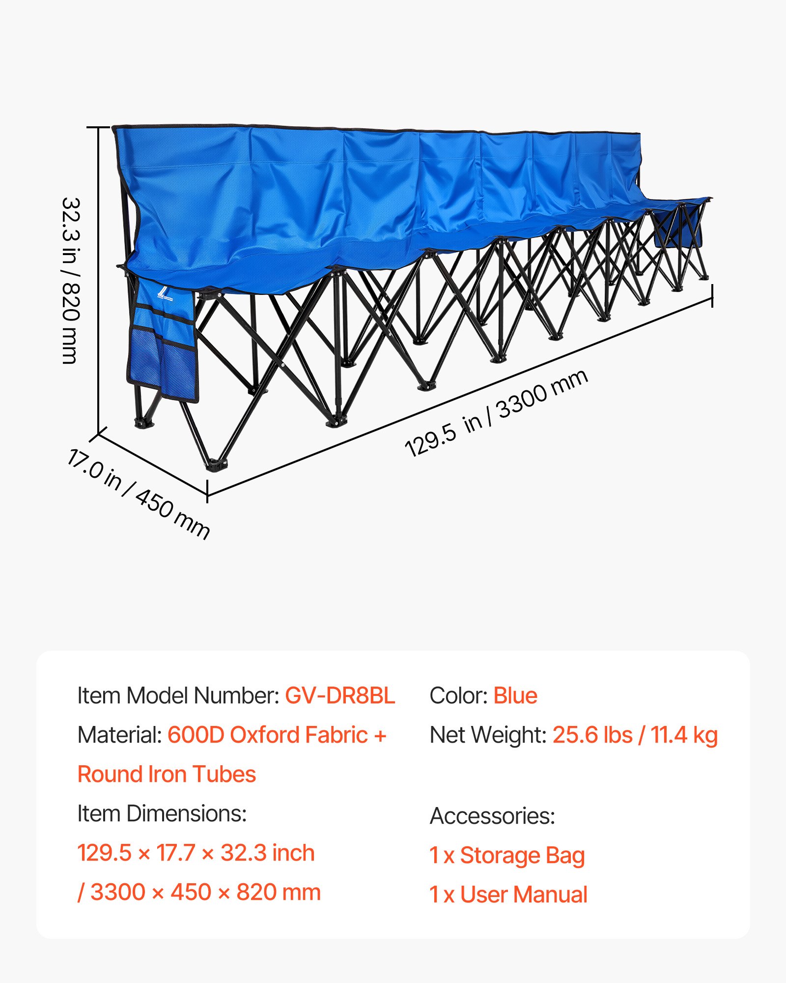 VEVOR Portable Folding Bench, 8 Seat Foldable Soccer Bench with Side Pockets and Carrying Bag, Lightweight Sideline Seating with Back Rest for Football, Baseball, Camping, Outdoor Events, Blue