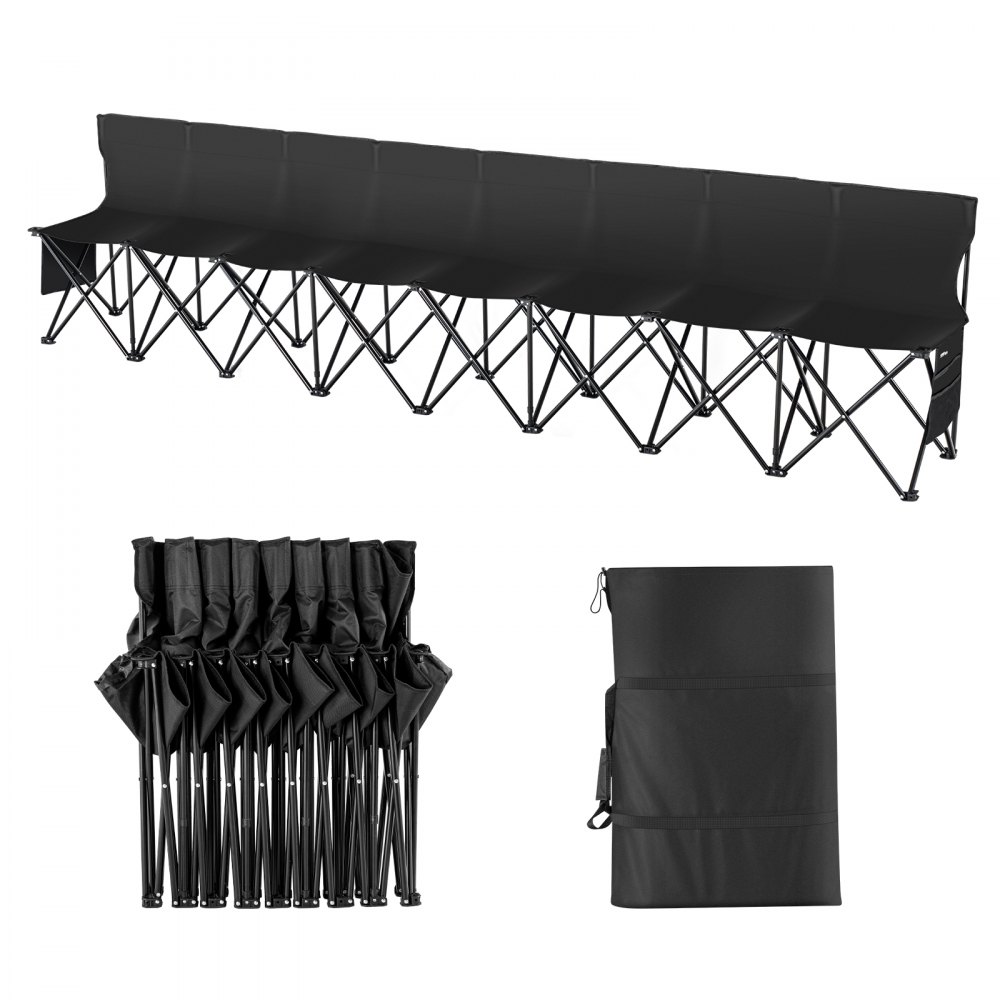 VEVOR folding sport bench in black, shown unfolded, folded, and packed in a carrying bag.