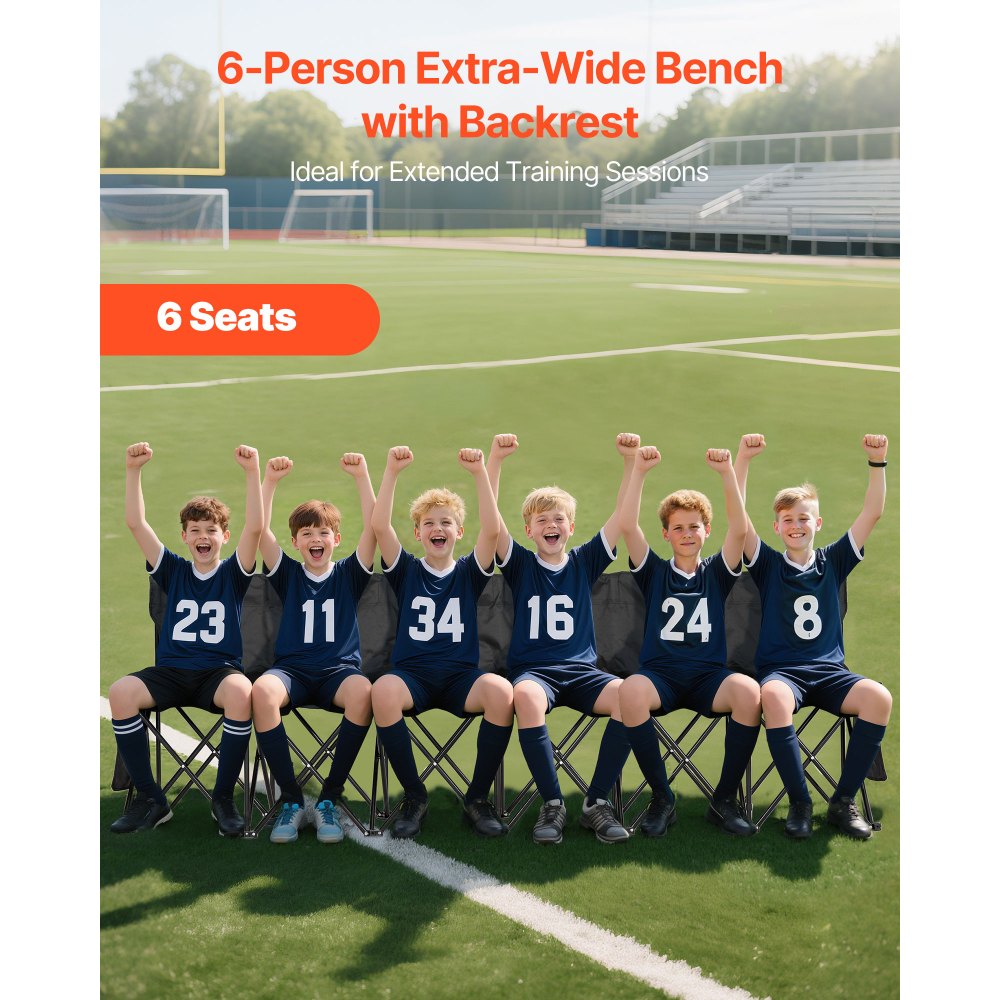 VEVOR Portable Folding Bench, 6 Seat Soccer Bench with Multiple Storage Pockets & Carrying Bag, Lightweight Sideline Seating with Back Rest for Football, Baseball, Camping, Outdoor Events, Black