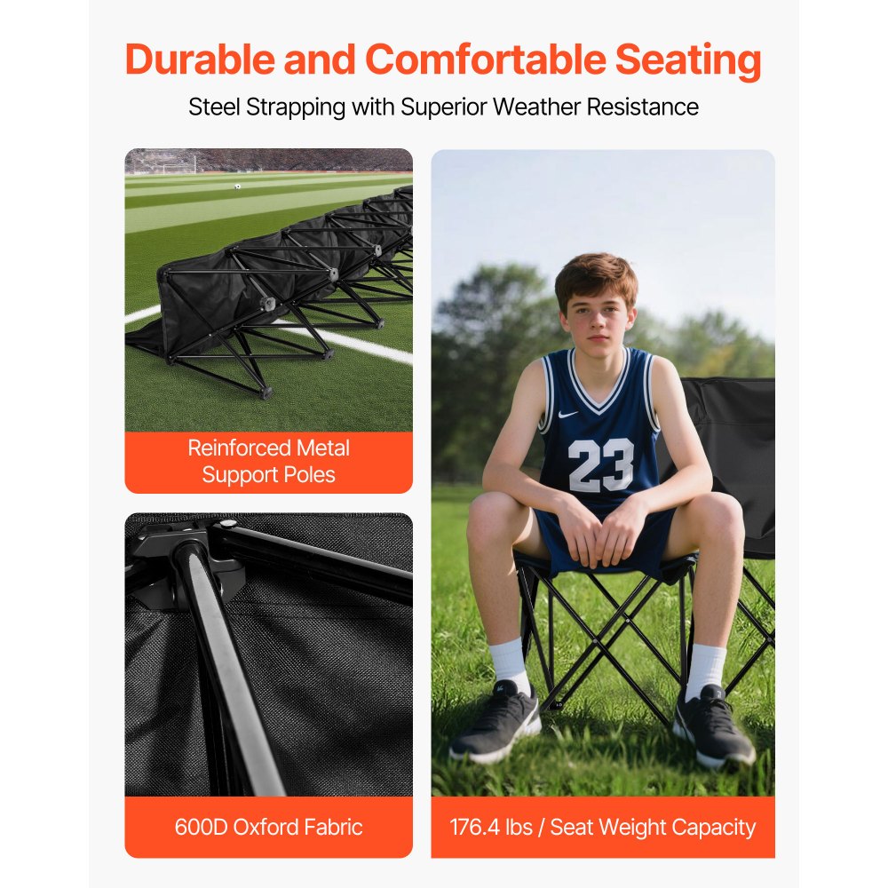 VEVOR Portable Folding Bench, 6 Seat Soccer Bench with Multiple Storage Pockets & Carrying Bag, Lightweight Sideline Seating with Back Rest for Football, Baseball, Camping, Outdoor Events, Black