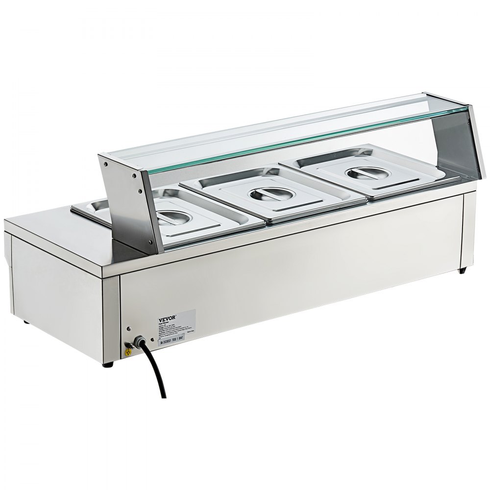 VEVOR 3-Pan Commercial Food Warmer, 3 x 12QT Electric Steam Table with Tempered Glass Cover, 1500W Countertop Stainless Steel Buffet Bain Marie 86-185°F Temp Control for Catering, Restaurants, Silver