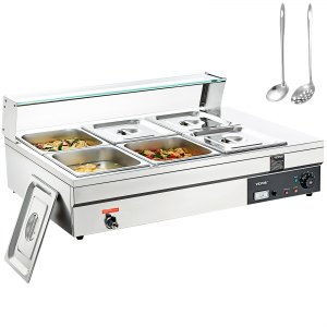 6-Pan Commercial Food Warmer, 6 x 12QT Electric Steam Table with Tempered Glass Cover, 1500W Countertop Stainless Steel Buffet Bain Marie...