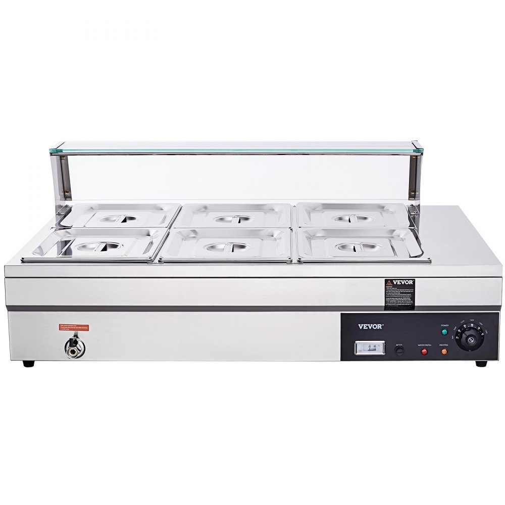 VEVOR 6-Pan Commercial Food Warmer, 6 x 12QT Electric Steam Table with Tempered Glass Cover, 1500W Countertop Stainless Steel Buffet Bain Marie 86-185°F Temp Control for Catering, Restaurants, Silver