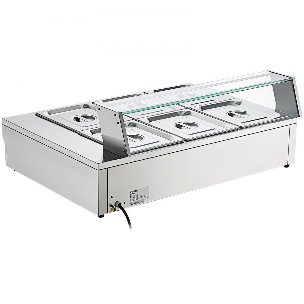 VEVOR 6-Pan Commercial Food Warmer, 6 x 12QT Electric Steam Table with Tempered Glass Cover, 1500W Countertop Stainless Steel Buffet Bain Marie 86-185°F Temp Control for Catering, Restaurants, Silver
