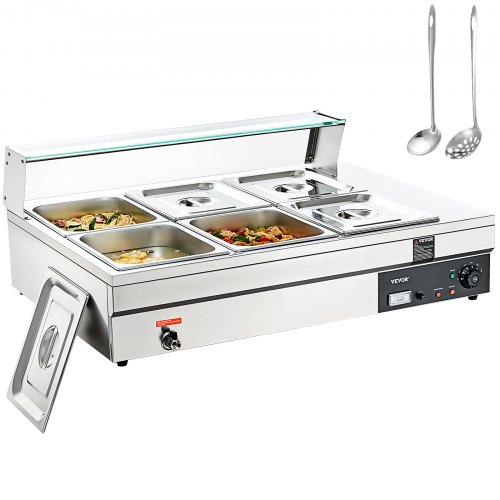VEVOR Commercial Electric Food Warmer Countertop Buffet 6*12Qt with Glass Shield