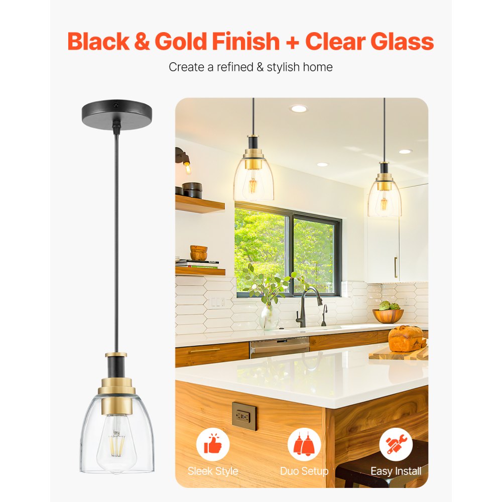 Lámpara colgante VEVOR de 1 luz (paquete de 2), ideal para isla de cocina con pantalla de cristal transparente y cable, acabado en negro y dorado, altura ajustable, ideal para dormitorio, pasillo, entrada y cocina.