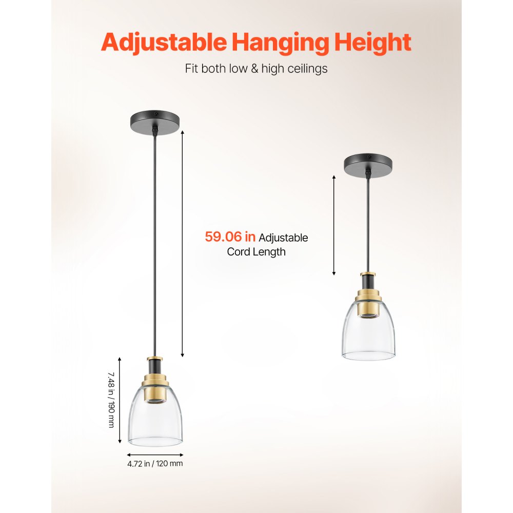 Lámpara colgante VEVOR de 1 luz (paquete de 2), ideal para isla de cocina con pantalla de cristal transparente y cable, acabado en negro y dorado, altura ajustable, ideal para dormitorio, pasillo, entrada y cocina.