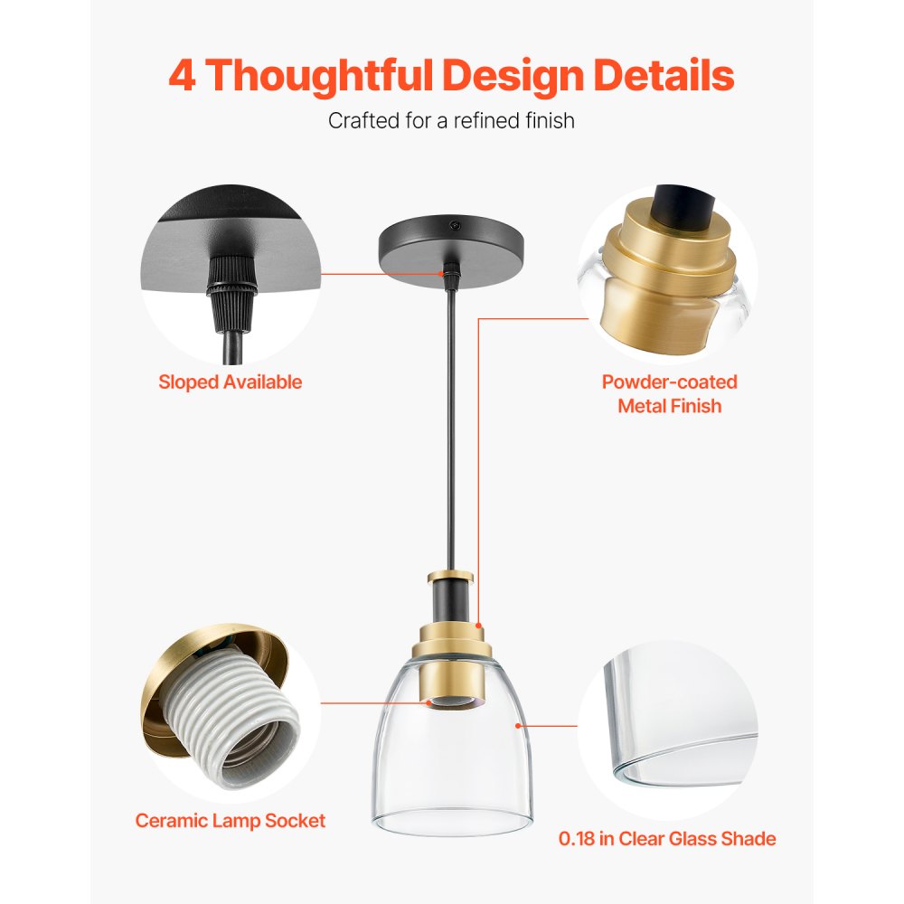 Lámpara colgante VEVOR de 1 luz (paquete de 2), ideal para isla de cocina con pantalla de cristal transparente y cable, acabado en negro y dorado, altura ajustable, ideal para dormitorio, pasillo, entrada y cocina.