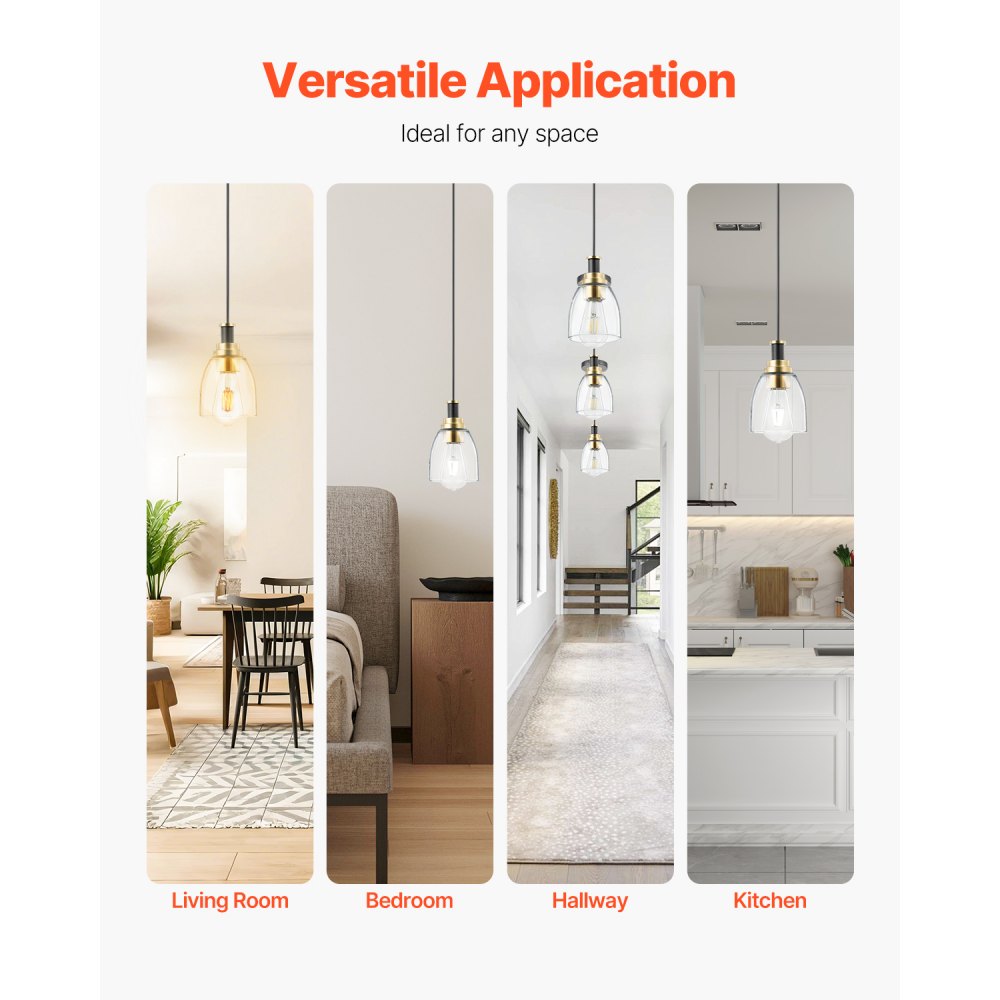 Lámpara colgante VEVOR de 1 luz (paquete de 2), ideal para isla de cocina con pantalla de cristal transparente y cable, acabado en negro y dorado, altura ajustable, ideal para dormitorio, pasillo, entrada y cocina.