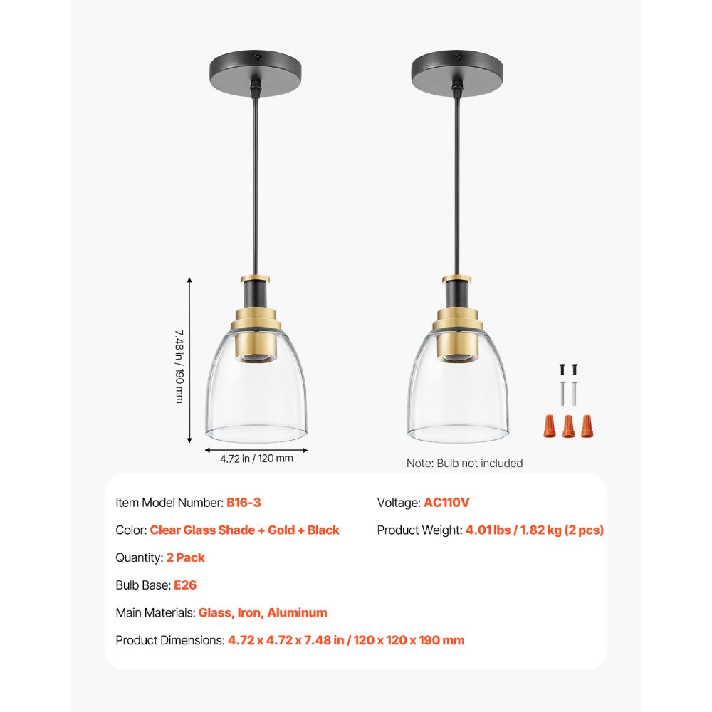 Lámpara colgante VEVOR de 1 luz (paquete de 2), ideal para isla de cocina con pantalla de cristal transparente y cable, acabado en negro y dorado, altura ajustable, ideal para dormitorio, pasillo, entrada y cocina.