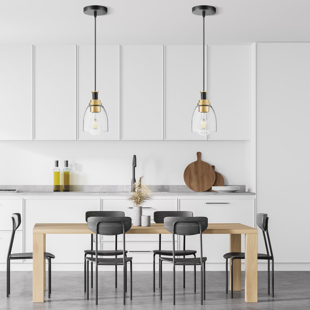 Lámpara colgante VEVOR de 1 luz (paquete de 2), ideal para isla de cocina con pantalla de cristal transparente y cable, acabado en negro y dorado, altura ajustable, ideal para dormitorio, pasillo, entrada y cocina.