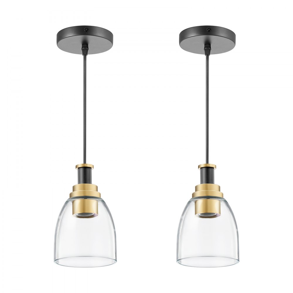 Lámpara colgante VEVOR de 1 luz (paquete de 2), ideal para isla de cocina con pantalla de cristal transparente y cable, acabado en negro y dorado, altura ajustable, ideal para dormitorio, pasillo, entrada y cocina.