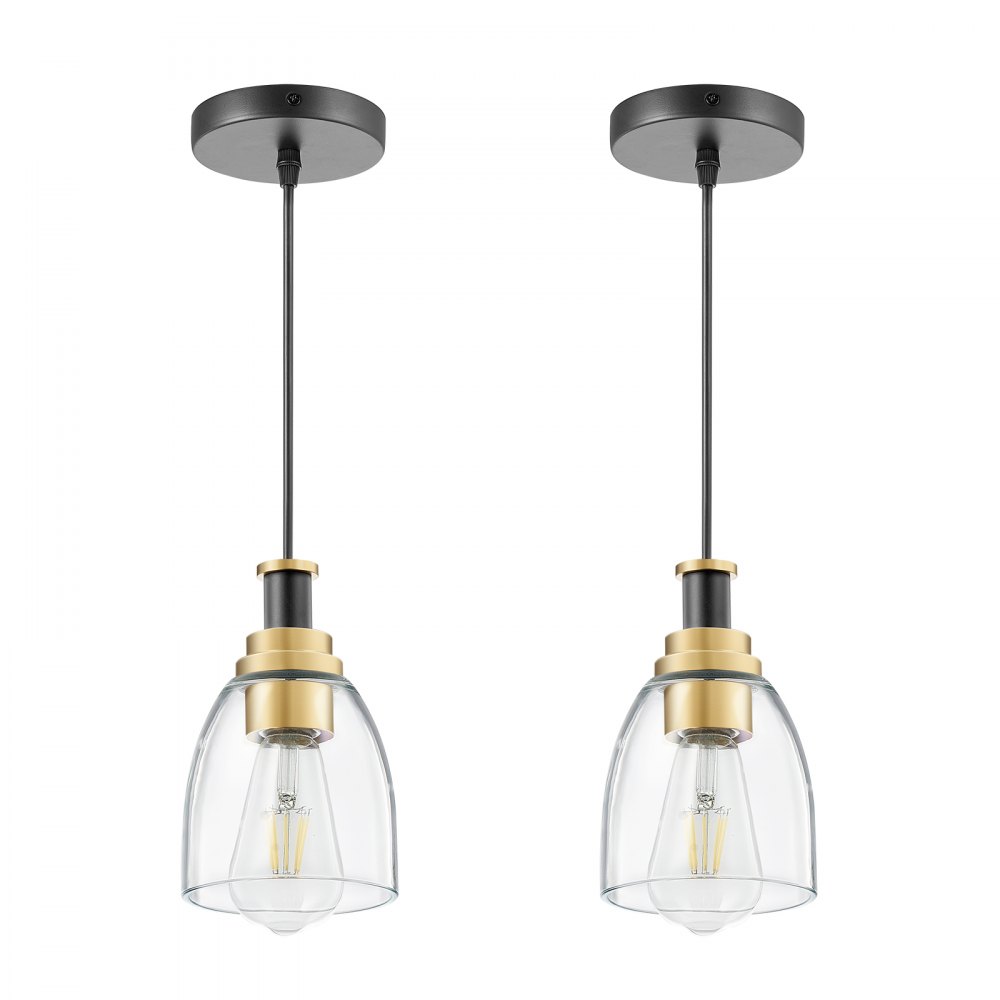 Lámpara colgante VEVOR de 1 luz (paquete de 2), ideal para isla de cocina con pantalla de cristal transparente y cable, acabado en negro y dorado, altura ajustable, ideal para dormitorio, pasillo, entrada y cocina.