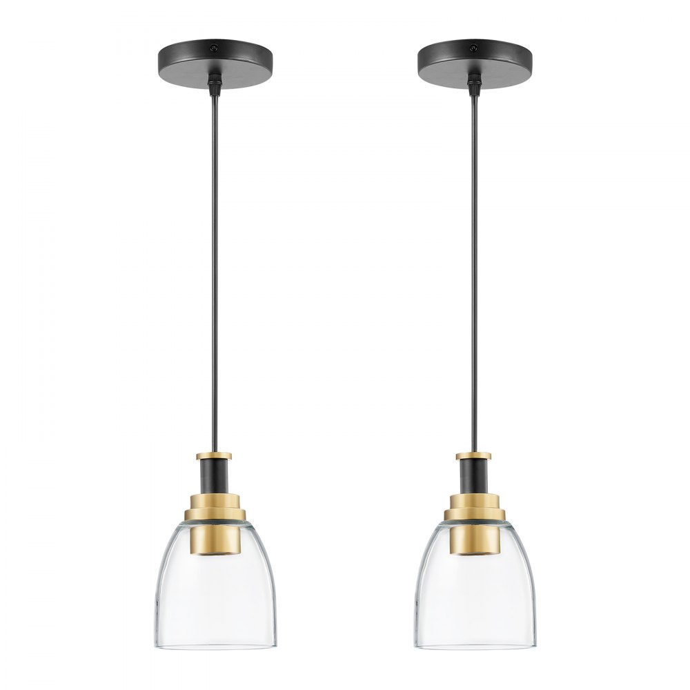 Lámpara colgante VEVOR de 1 luz (paquete de 2), ideal para isla de cocina con pantalla de cristal transparente y cable, acabado en negro y dorado, altura ajustable, ideal para dormitorio, pasillo, entrada y cocina.
