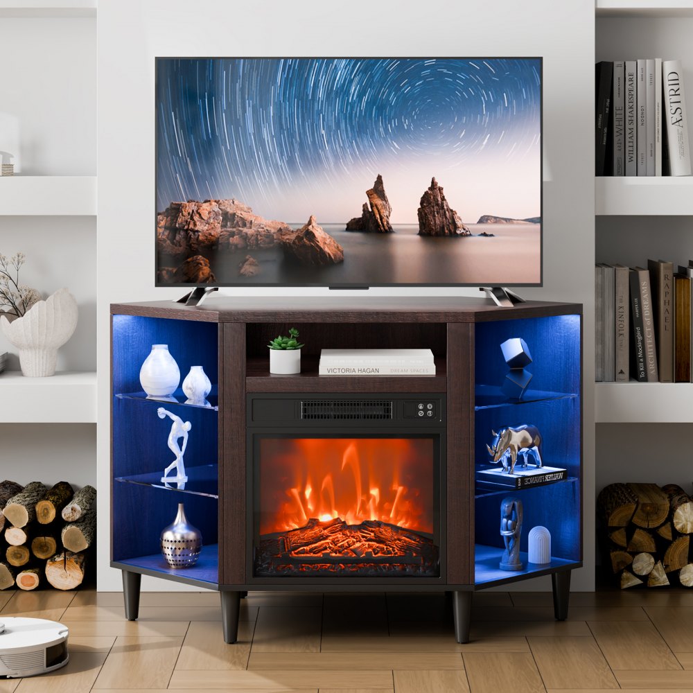 VEVOR - Mueble de TV con chimenea para televisores de 42", rincón de almacenamiento multimedia con chimenea de 18", cajones y gabinetes de almacenamiento, mesa de consola de TV estilo pastoral con 20 luces LED, control remoto y temporizador para sala de estar, color marrón