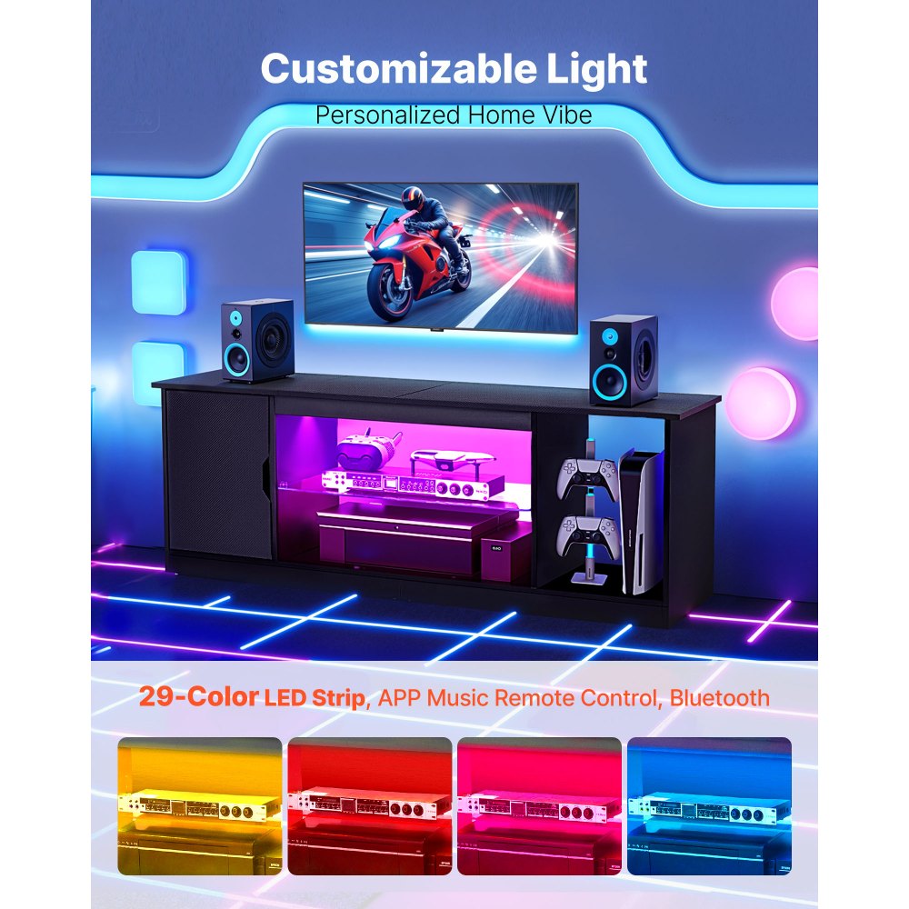 VEVOR TV Stand for TVs up to 65 inch, Modern Entertainment Center with Light Strip, Wooden TV Cabinet Storage with Glass Shelf and Adjustable Shelves, Console Table for Living Room and Bedroom, Black