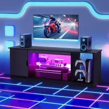 VEVOR TV Stand for TVs up to 65 inch, Modern Entertainment Center with Light Strip, Wooden TV Cabinet Storage with Glass Shelf and Adjustable Shelves, Console Table for Living Room and Bedroom, Black