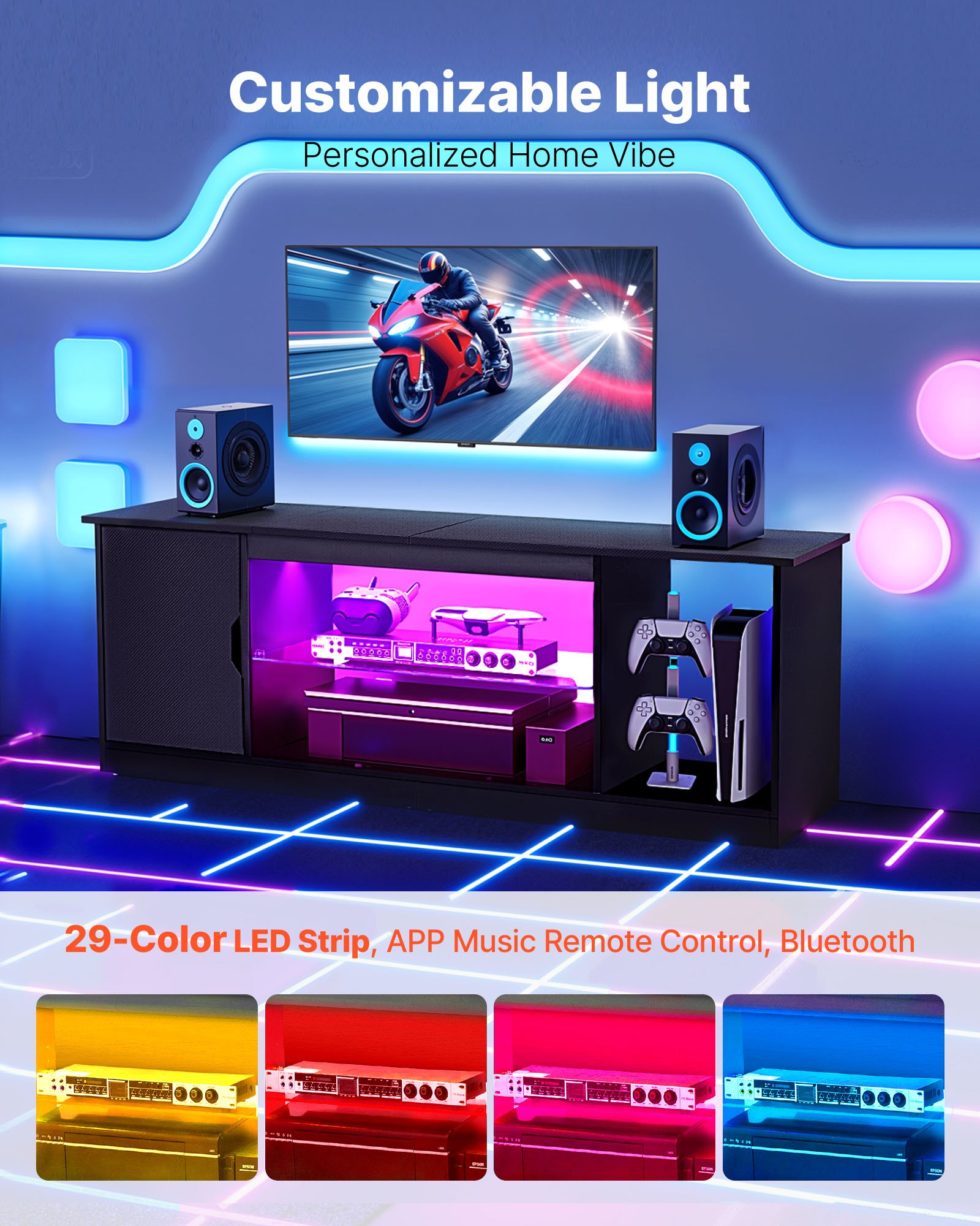 VEVOR TV Stand for TVs up to 65 inch, Modern Entertainment Center with Light Strip, Wooden TV Cabinet Storage with Glass Shelf and Adjustable Shelves, Console Table for Living Room and Bedroom, Black