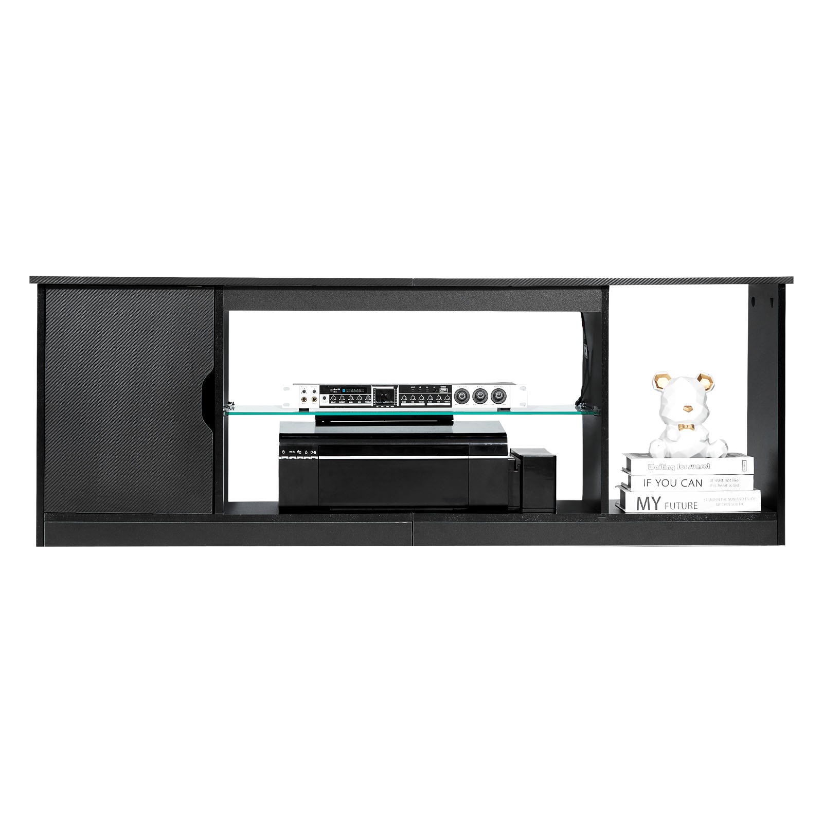 VEVOR TV Stand for TVs up to 65 inch, Modern Entertainment Center with Light Strip, Wooden TV Cabinet Storage with Glass Shelf and Adjustable Shelves, Console Table for Living Room and Bedroom, Black