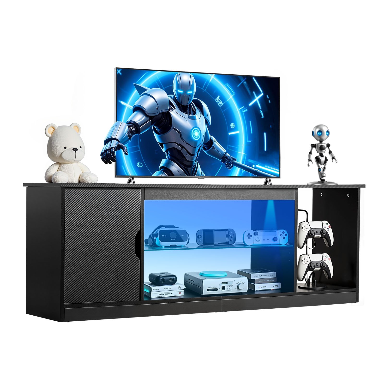 VEVOR TV Stand for TVs up to 65 inch, Modern Entertainment Center with Light Strip, Wooden TV Cabinet Storage with Glass Shelf and Adjustable Shelves, Console Table for Living Room and Bedroom, Black