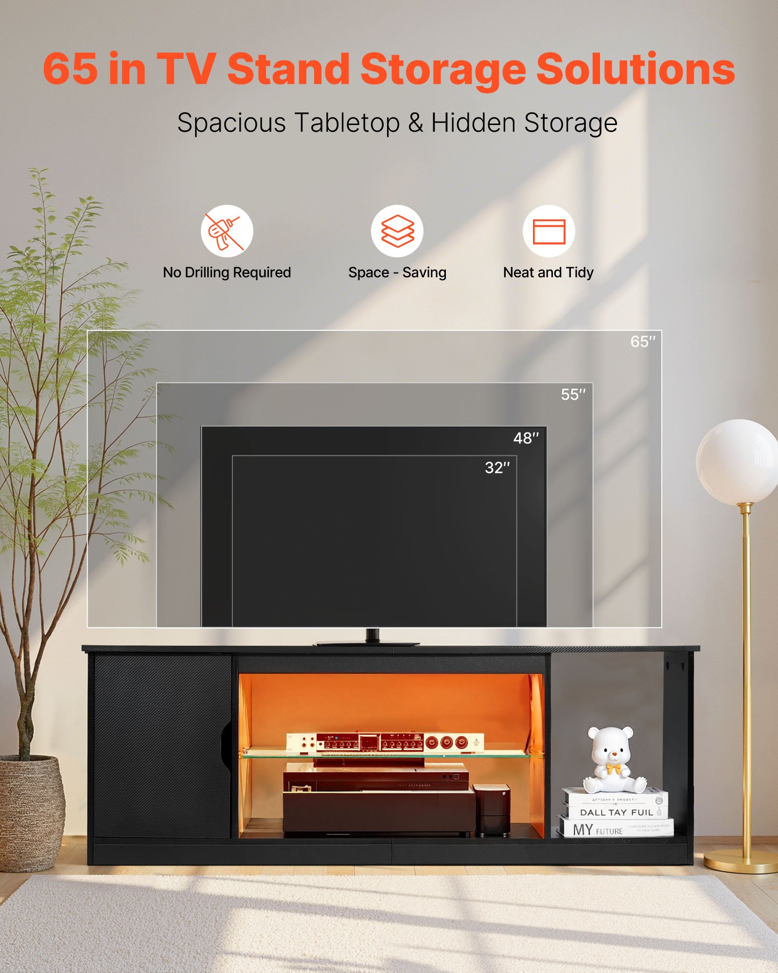 VEVOR TV Stand for TVs up to 65 inch, Modern Entertainment Center with Light Strip, Wooden TV Cabinet Storage with Glass Shelf and Adjustable Shelves, Console Table for Living Room and Bedroom, Black