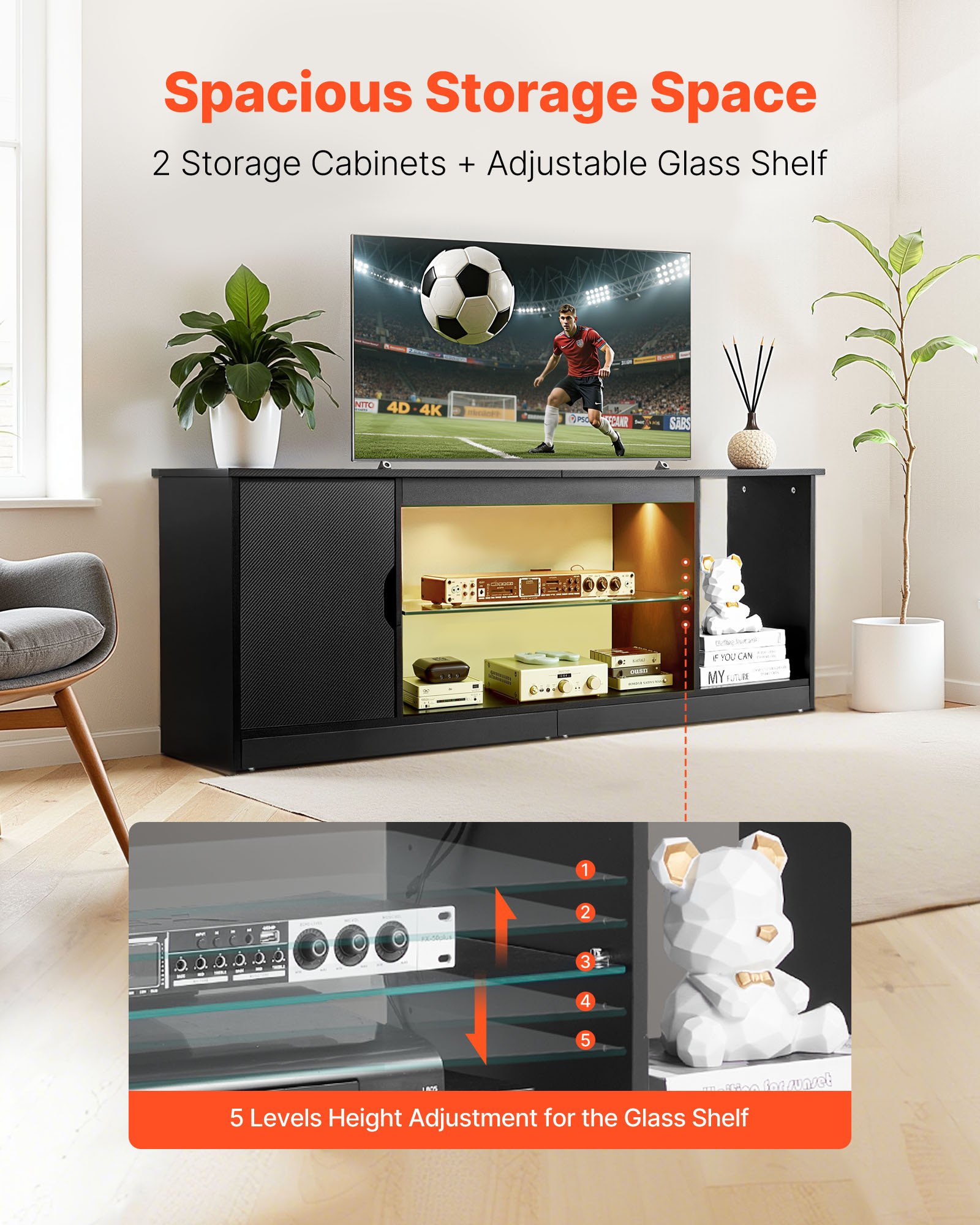 VEVOR TV Stand for TVs up to 65 inch, Modern Entertainment Center with Light Strip, Wooden TV Cabinet Storage with Glass Shelf and Adjustable Shelves, Console Table for Living Room and Bedroom, Black