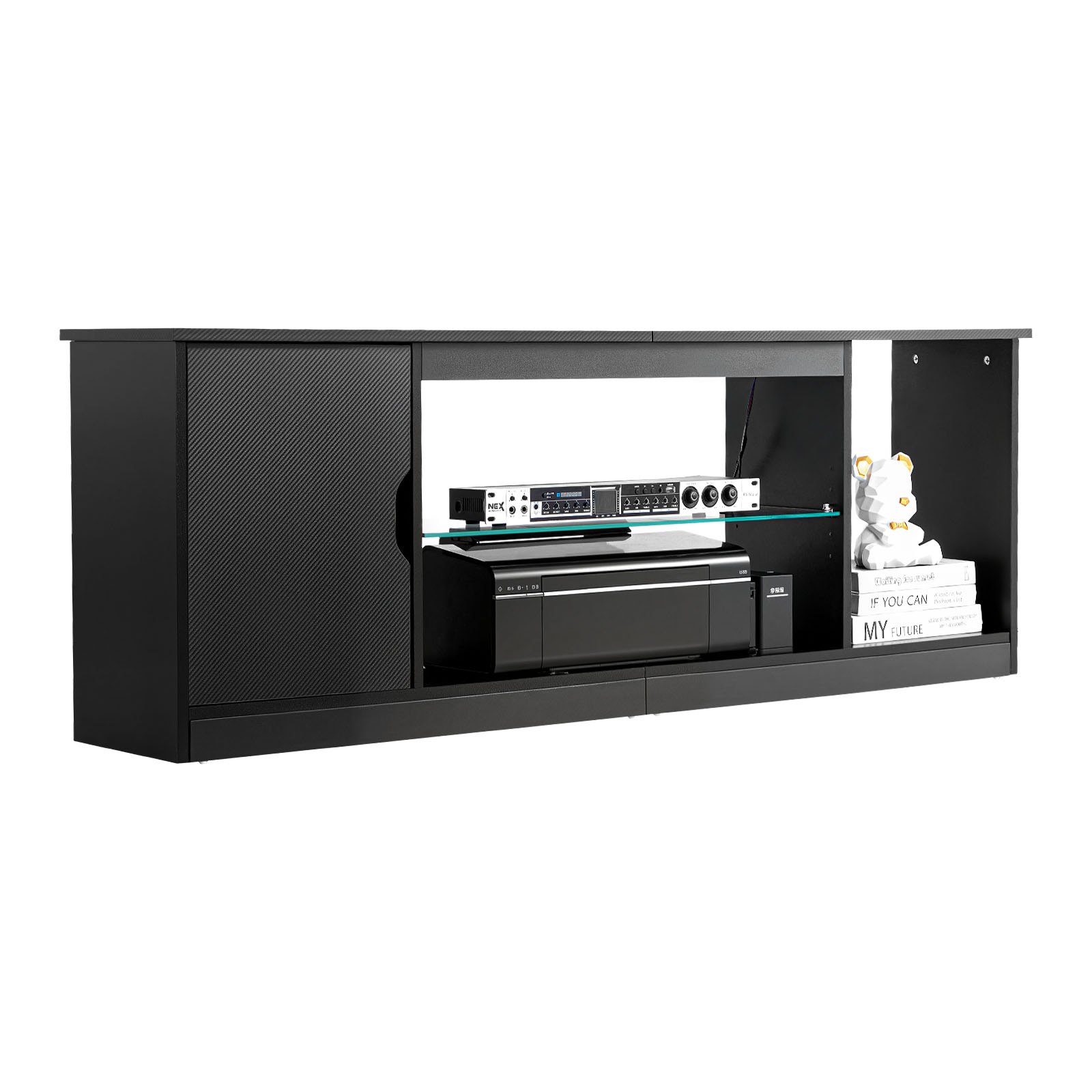 VEVOR TV Stand for TVs up to 65 inch, Modern Entertainment Center with Light Strip, Wooden TV Cabinet Storage with Glass Shelf and Adjustable Shelves, Console Table for Living Room and Bedroom, Black