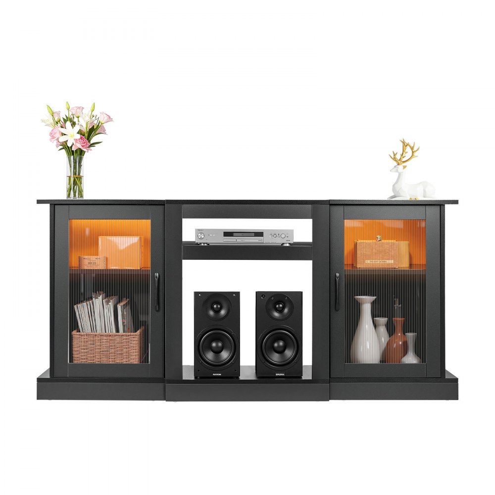 VEVOR TV Stand for TVs up to 65 inch, Modern Entertainment Center with Light Strip, Wooden TV Cabinet Storage with Glass Doors and Adjustable Shelves, Console Table for Living Room and Bedroom, Black