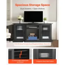 VEVOR TV Stand for TVs up to 65 inch, Modern Entertainment Center with Light Strip, Wooden TV Cabinet Storage with Glass Doors and Adjustable Shelves, Console Table for Living Room and Bedroom, Black