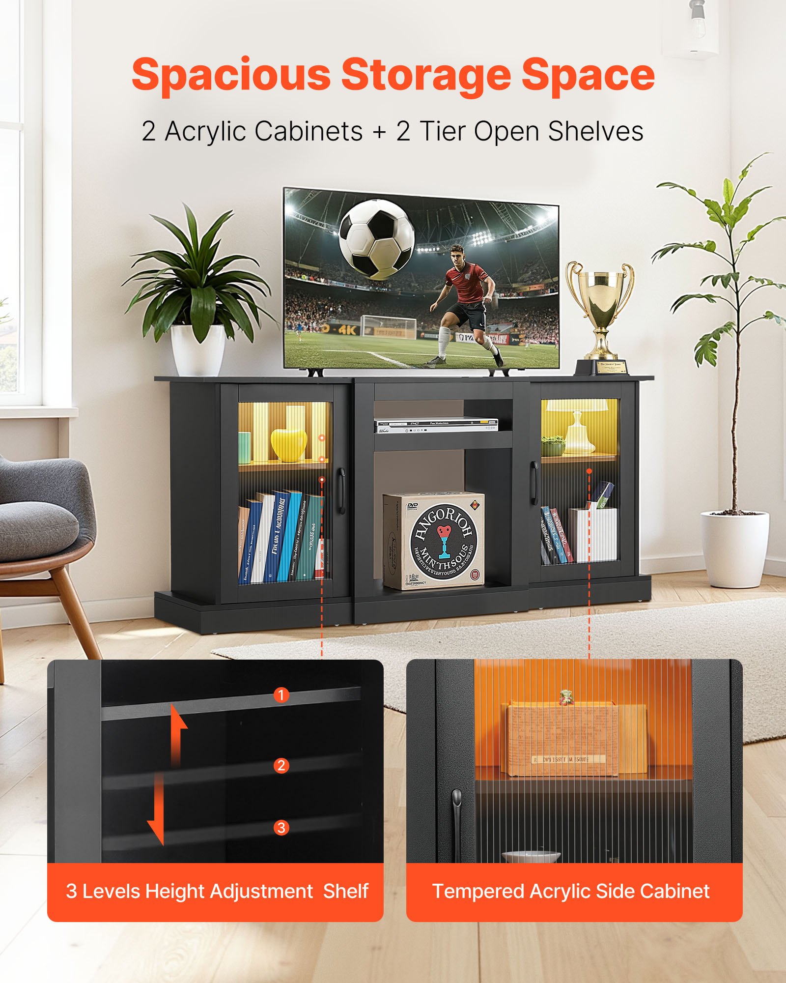 VEVOR TV Stand for TVs up to 65 inch, Modern Entertainment Center with Light Strip, Wooden TV Cabinet Storage with Glass Doors and Adjustable Shelves, Console Table for Living Room and Bedroom, Black