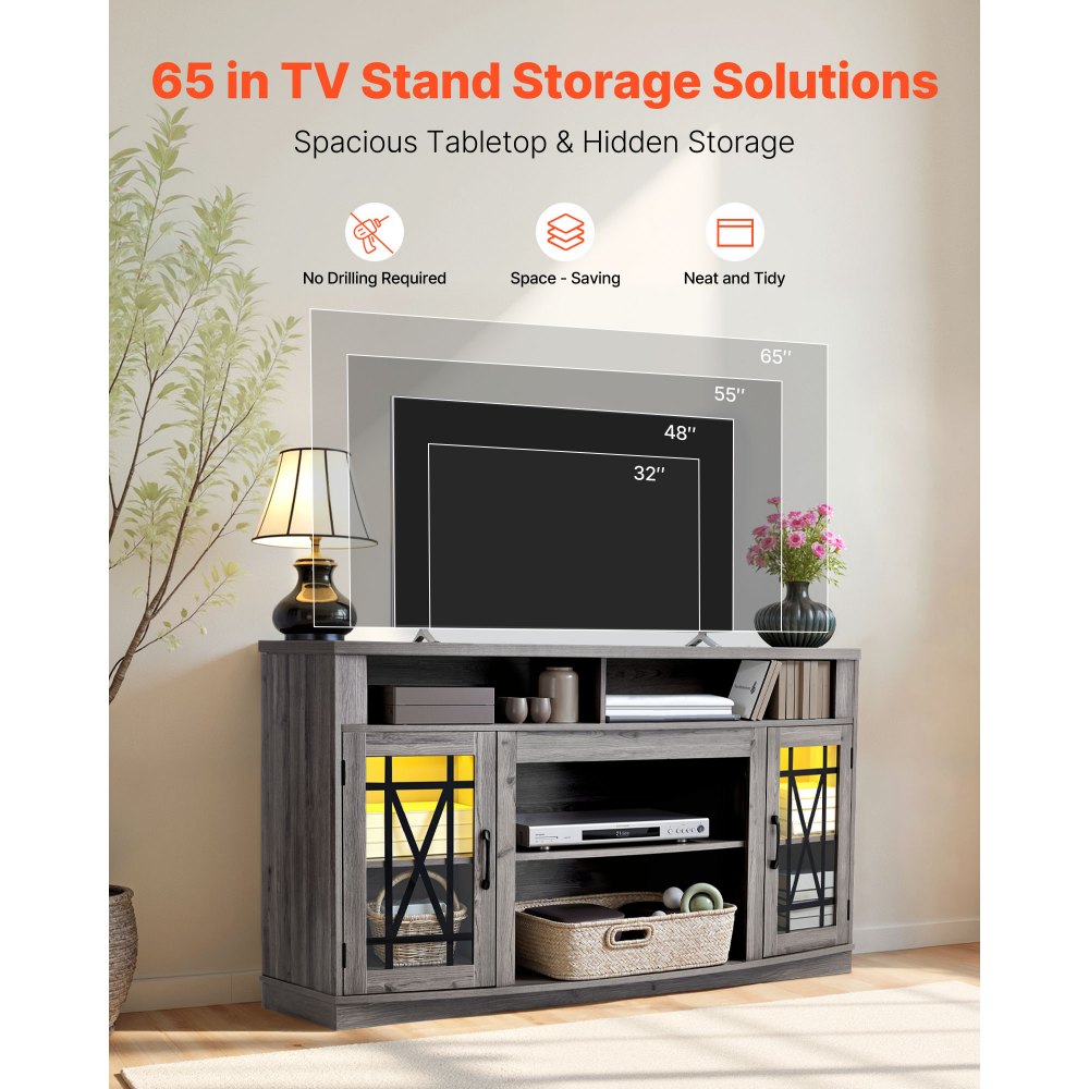 VEVOR TV Stand for TVs up to 65 inch, Farmhouse Entertainment Center with Light Strip, Wooden TV Cabinet Storage with Glass Doors and Adjustable Shelves, Console Table for Living Room, Bedroom, Gray