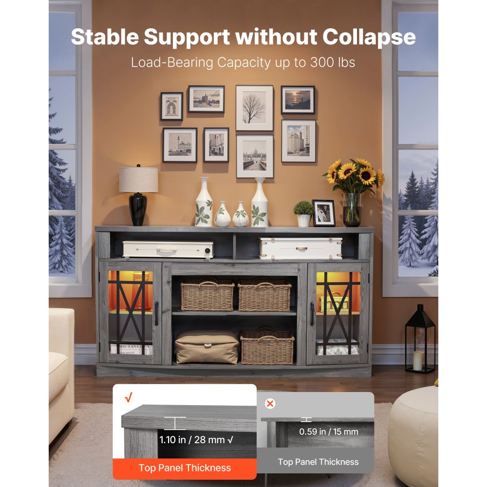 VEVOR TV Stand for TVs up to 65 inch, Farmhouse Entertainment Center with Light Strip, Wooden TV Cabinet Storage with Glass Doors and Adjustable Shelves, Console Table for Living Room, Bedroom, Gray