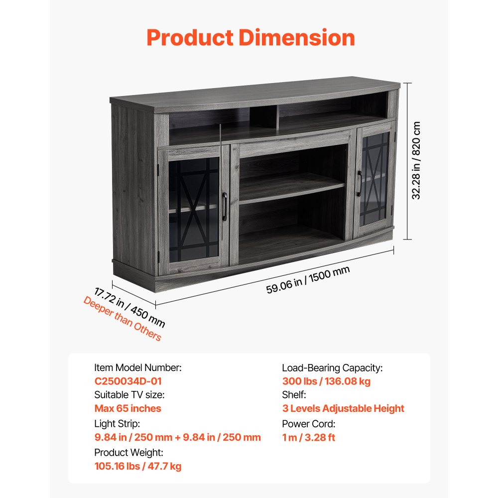 VEVOR TV Stand for TVs up to 65 inch, Farmhouse Entertainment Center with Light Strip, Wooden TV Cabinet Storage with Glass Doors and Adjustable Shelves, Console Table for Living Room, Bedroom, Gray