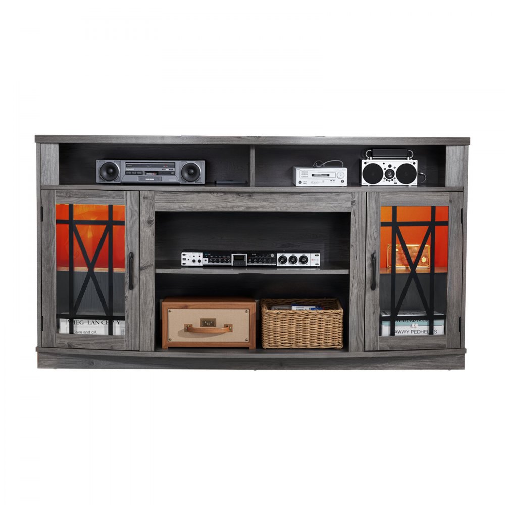 VEVOR TV Stand for TVs up to 65 inch, Farmhouse Entertainment Center with Light Strip, Wooden TV Cabinet Storage with Glass Doors and Adjustable Shelves, Console Table for Living Room, Bedroom, Gray